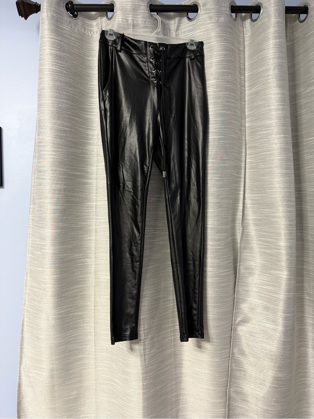 chic Black Shiny Faux Leather Pants with Lace-Up Detail